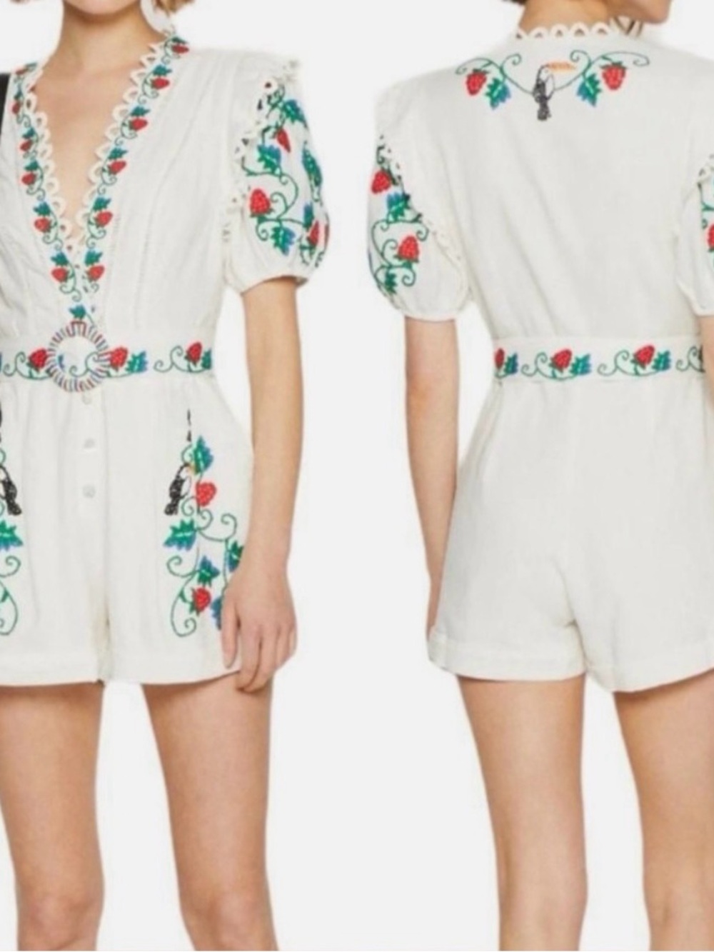FARM Rio Cream Embroidered Strawberry Romper with Green & Red Accents - Picture 2 of 10